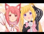  :d animal_ears arm_up bangs black_bow black_gloves black_jacket blonde_hair blush bow cat_ears elise_(fire_emblem_if) eyebrows_visible_through_hair fang fangs fingerless_gloves fire_emblem fire_emblem_heroes fire_emblem_if flower fur_collar gloves hair_bow hair_ornament head_tilt jacket japanese_clothes kemonomimi_mode kimono letterboxed long_hair multicolored_hair multiple_girls open_mouth paw_pose pink_bow pink_gloves purple_eyes purple_hair red_eyes red_hair rose sakura_(fire_emblem_if) sidelocks sleeveless sleeveless_kimono smile streaked_hair striped transistor twintails vertical_stripes very_long_hair white_flower white_kimono white_rose 