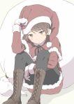  alternate_costume black_legwear blush boots brown_eyes brown_footwear brown_hair capelet cross-laced_footwear fur-trimmed_capelet fur_trim gloves hat highres kantai_collection looking_at_viewer pantyhose pom_pom_(clothes) sack santa_costume santa_hat shikinami_(kantai_collection) sitting solo wachi_(hati1186) white_gloves 