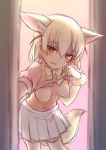  animal_ears blonde_hair blurry blurry_background blush bow bowtie breasts brown_eyes cowboy_shot elbow_gloves extra_ears eyebrows_visible_through_hair fennec_(kemono_friends) fox_ears fox_tail fur_trim gloves hanging_breasts kemono_friends looking_at_viewer nagami_yuu nipples parted_lips pink_shirt shirt shirt_lift short_hair short_sleeves skirt small_breasts solo tail tareme thighhighs white_skirt yellow_neckwear zettai_ryouiki 