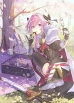  astolfo_(fate) backpack bag bangs black_bow black_legwear black_ribbon black_shirt blanket boots bow braid branch buckle cape cherry_blossoms commentary_request dango day eating eyebrows_visible_through_hair falling_petals fang fate/apocrypha fate_(series) faulds floral_print food from_behind full_body fur-trimmed_cape fur_trim garter_straps gauntlets grass hair_between_eyes hair_bow hair_intakes hair_ribbon hanami highres holding holding_food knee_boots long_hair long_sleeves looking_at_viewer looking_back lunchbox male_focus motion_blur multicolored_hair otoko_no_ko outdoors petals picnic pink_hair pinky_out purple_eyes red_cape ribbon sanshoku_dango scabbard shadow sheath sheathed shiny shiny_hair shirt sidelocks single_braid solo spring_(season) squatting streaked_hair sunlight sushi sword tamu_(tamurarucaffe1226) thighhighs tree tree_shade twisted_torso wagashi weapon white_cape white_footwear white_hair 