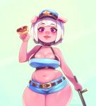  2018 anthro baton big_breasts breasts clothing cyancapsule digital_media_(artwork) doughnut emelie female food hair hi_res looking_at_viewer mammal pig police_uniform porcine purple_eyes short_hair simple_background solo uniform white_hair 