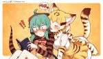  2girls animal_ears back_bow bare_legs bare_shoulders blonde_hair blue_hair blush book bow bowtie cat_ears cat_tail closed_eyes commentary_request ear_blush ear_licking elbow_gloves enk_0822 eyebrows_visible_through_hair gloves highres hood hoodie kemono_friends licking multicolored_hair multiple_girls neck_ribbon nose_blush reading ribbon sand_cat_(kemono_friends) short_hair signature skirt snake_tail striped surprised tail translated tsuchinoko_(kemono_friends) vest yuri 