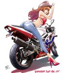  ass bikini bikini_top breasts brown_eyes cowboy_hat dated denim from_behind ground_vehicle hand_on_headwear hat hat_tip high_heels highres jeans large_breasts lips long_hair looking_at_viewer looking_back lupin_iii mine_fujiko motor_vehicle motorcycle no_shirt on_motorcycle open_mouth orange_hair pants red_bikini saitou_sakae signature simple_background sitting solo straddling swimsuit twisted_torso underboob yamaha 