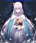 ain_(3990473) anastasia_(fate/grand_order) bangs blue_cloak blue_eyes brown_hairband brown_ribbon cloak commentary_request crown dress eyebrows_visible_through_hair eyes_visible_through_hair fate/grand_order fate_(series) fingernails hair_over_one_eye hair_ribbon hairband highres jewelry light_brown_hair long_hair looking_at_viewer mini_crown own_hands_together parted_lips pendant ribbon royal_robe silver_hair solo very_long_hair white_dress 