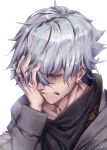  closed_eyes crying earrings fate/grand_order fate_(series) hand_on_own_face highres jewelry kadoc_zemlupus male_focus piercing ring silver_hair solo tears try upper_body white_background 