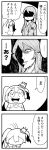  4koma :o @_@ asymmetrical_hair bangs bkub bowing caligula_(game) comic commentary_request crown elbow_gloves eyebrows_visible_through_hair flower gloves greyscale hair_ornament hairpin halftone highres kashiwaba_kotono long_hair mini_crown monochrome mu_(caligula) multiple_girls school_uniform shaded_face short_hair simple_background smile speech_bubble sweatdrop talking translation_request twintails two-tone_background 