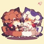  ;o bird_tail black_hair blush brown_coat brown_eyes brown_hair candy_apple chibi coat eurasian_eagle_owl_(kemono_friends) food fur-trimmed_coat fur-trimmed_sleeves fur_collar fur_trim grey_coat head_tilt head_wings holding holding_food kemono_friends long_sleeves looking_at_viewer multicolored_hair multiple_girls muuran no_shoes northern_white-faced_owl_(kemono_friends) one_eye_closed open_mouth orange_hair pantyhose signature standing white_hair white_legwear 