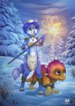  2018 anthro black_nose blue_eyes blue_fur blue_hair canine clothing cloud dinosaur dipstick_tail dolphydolphiana duo female fox fur green_eyes hair hair_ornament hairband jewelry krystal male mammal markings multicolored_tail navel necklace nintendo prince_tricky scalie short_hair shoulder_pads signature snow staff star_fox tailband tree tribal_markings video_games white_fur 