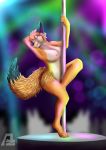  2018 4_toes 5_fingers anthro arvenzo barely_visible_pussy blue_eyes breasts canine dancing female fox fur judy_judith mammal nipples nude on_one_leg orange_fur pole pole_dancing pose pussy solo standing stripper stripper_pole toes 