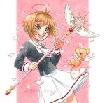  90s antenna_hair brown_hair cardcaptor_sakura chihiro_howe green_eyes highres kero kinomoto_sakura marker_(medium) short_hair tomoeda_middle_school_uniform traditional_media wand 