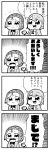  4koma :d bangs bkub bow bowtie braid caligula_(game) comic commentary_request emphasis_lines eyebrows_visible_through_hair greyscale halftone highres kagura_suzuna monochrome multiple_girls open_mouth ribbon school_uniform shinohara_mifue short_hair shouting simple_background smile speech_bubble sweatdrop swept_bangs talking translation_request two_side_up wavy_mouth white_background 