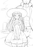  1girl blush braid clutching_clothes collared_dress commentary_request dress hat kukui_(pokemon) lillie_(pokemon) long_hair miya9 monochrome out_of_frame pokemon pokemon_(game) pokemon_sm sidelocks sundress twin_braids 