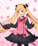  :d apron bangs black_bow black_dress black_legwear blonde_hair blush book bow checkered checkered_background dress elise_(fire_emblem_if) eyebrows_visible_through_hair fire_emblem fire_emblem_if frilled_apron frills hair_bow heart holding index_finger_raised long_hair long_sleeves multicolored_hair open_book open_mouth pantyhose pink_apron purple_eyes purple_hair smile solo spatula streaked_hair striped transistor twintails vertical-striped_dress vertical_stripes very_long_hair 