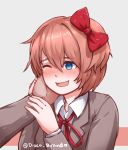  1girl :d arm_holding blush bow brown_hair collared_shirt disco_brando doki_doki_literature_club eyebrows_visible_through_hair grey_background hair_between_eyes hair_bow hand_on_another's_cheek hand_on_another's_face happy highres long_sleeves neck_ribbon one_eye_closed open_mouth out_of_frame petting red_bow red_ribbon ribbon sayori_(doki_doki_literature_club) school_uniform shirt short_hair simple_background smile solo_focus twitter_username 