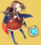  blue_cape blue_eyes blue_gloves blue_legwear bow brown_hair cape commentary_request cura dress elbow_gloves fate/grand_order fate_(series) gloves hair_bow hand_on_hip highres holding holding_staff leonardo_da_vinci_(fate/grand_order) loafers long_hair orange_background pantyhose ponytail puffy_short_sleeves puffy_sleeves red_cape red_dress ribbon shoes short_sleeves simple_background single_elbow_glove smile solo staff weapon younger 