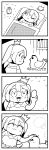  4koma :3 alarm_clock asymmetrical_hair bangs bird bkub blush caligula_(game) chicken clock closed_eyes comic commentary_request crown egg elbow_gloves futon gloves greyscale halftone headwear_removed highres mini_crown monochrome mu_(caligula) one_eye_closed petting pillow short_hair simple_background smile twintails two-tone_background under_covers window 