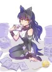  black_hair blake_belladonna bow commentary_request hair_bow highres iesupa long_hair looking_at_viewer manga_(object) pantyhose pile_of_books product_placement rwby solo yarn yarn_ball 