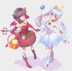  angel_and_devil angel_costume blue_eyes breasts choker cleavage color_connection commentary_request corset demon_girl dress fake_halo halloween halloween_costume highres iesupa looking_at_viewer medium_breasts multiple_girls pitchfork pumpkin red_dress red_hair ruby_rose rwby silver_eyes sleeveless sleeveless_dress wand weiss_schnee white_dress white_hair 
