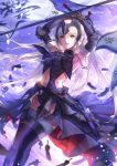  arms_up black_feathers black_gloves blue_sky chain cloud day fate/grand_order fate_(series) feathers flag gauntlets gloves headpiece highres jeanne_d'arc_(alter)_(fate) jeanne_d'arc_(fate)_(all) long_hair looking_at_viewer navel outdoors sheath shenteita sky solo sword thighhighs very_long_hair weapon white_hair yellow_eyes 