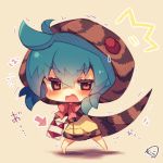  1girl bangs bikini blue_hair blush bow brown_eyes chibi commentary_request directional_arrow eyebrows_visible_through_hair full_body hair_between_eyes holding hood hood_up hoodie kemono_friends looking_at_viewer muuran open_mouth pink_bow red_bikini signature snake_tail solo standing striped_hoodie striped_tail swimsuit tail trembling tsuchinoko_(kemono_friends) wavy_mouth 