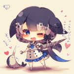  ;d animal ascot bangs black_bow black_hair black_sailor_collar blue_eyes blue_neckwear blush bow chibi closed_mouth dress drillhorn_sword eyebrows_visible_through_hair grey_hair heart holding kemono_friends kneehighs looking_at_viewer multicolored_hair muuran narwhal narwhal_(kemono_friends) narwhal_tail no_shoes one_eye_closed open_mouth print_dress sailor_collar sailor_dress short_sleeves signature smile solo standing tail translated white_dress white_legwear 