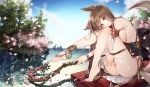  afloat animal_ears anklet ass bangs bare_legs bare_shoulders barefoot black_bow blue_sky blurry bow branch breasts brown_hair bush cherry_blossoms closed_mouth day depth_of_field detached_sleeves eyebrows_visible_through_hair flower foliage fox_ears fox_tail full_body highres holding holding_staff ia_(ias1010) jewelry knees_up large_breasts leg_hug long_hair long_sleeves looking_at_viewer multiple_tails obi ocean original outdoors pelvic_curtain petals pink_flower plantar_flexion ring ripples sash shade shiny shiny_skin sideboob sitting sky smile solo staff swept_bangs tabard tail tassel thighs tsurime very_long_hair water yellow_eyes 