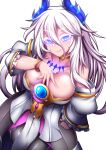  code:_empress_(elsword) cosplay diabla_(elsword) elsword eve_(elsword) eve_(elsword)_(cosplay) fi-san hand_on_hip hand_on_own_chest highres horns long_hair looking_at_viewer luciela_r._sourcream simple_background solo star star-shaped_pupils symbol-shaped_pupils white_hair white_sleeves 