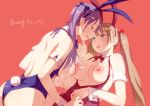  animal_ears ass bare_back blue_eyes blue_ribbon breasts brown_hair bunny_ears bunny_girl bunny_tail bunnysuit commentary_request eye_contact fake_animal_ears green_eyes hair_bobbles hair_ornament hair_ribbon large_breasts long_hair looking_at_another multiple_girls nipples original puffy_nipples purple_hair red_background ribbon saliva saliva_trail simple_background sweat tail tongue tongue_out twintails uniskie wrist_cuffs yuri 