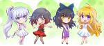  ahoge blake_belladonna blue_bow blue_eyes bow chibi commentary_request dress grey_eyes hair_bow high_heels highres iesupa multiple_girls purple_dress purple_eyes red_dress ruby_rose rwby rwby_chibi simple_background weiss_schnee white_dress yang_xiao_long yellow_eyes 