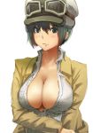  alternate_breast_size bangs breasts brown_jacket cleavage closed_mouth collared_shirt commentary_request eyebrows_visible_through_hair eyewear_on_head goggles green_eyes green_hair hat highres jacket kino kino_no_tabi large_breasts long_sleeves looking_at_viewer older open_clothes open_jacket shirt short_hair simple_background sketch solo taku_(user_nxgk7748) upper_body white_background white_shirt 