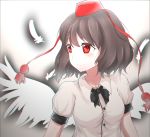  bad_deviantart_id bad_id black_border border bow brown_hair chromatic_aberration commentary disco_brando feathers hat highres looking_to_the_side outline puffy_short_sleeves puffy_sleeves red_eyes shameimaru_aya shirt short_hair short_sleeves smile solo tokin_hat touhou upper_body white_shirt wings 