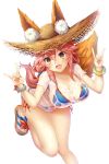  :d absurdres animal_ears bikini blue_bikini blush bracelet breasts cleavage collarbone covered_nipples ears_through_headwear eyebrows_visible_through_hair fang fate/grand_order fate_(series) fingernails fox_ears fox_shadow_puppet fox_tail hair_between_eyes hat highres jewelry large_breasts long_hair looking_at_viewer open_mouth pink_hair samoore sandals see-through shirt short_sleeves side-tie_bikini simple_background smile solo straw_hat sun_hat swimsuit tail tamamo_(fate)_(all) tamamo_no_mae_(swimsuit_lancer)_(fate) wet wet_clothes wet_shirt white_background white_shirt yellow_eyes 