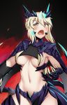  artoria_pendragon_(all) artoria_pendragon_(lancer_alter) blonde_hair blush breasts claws cowfee dragon_girl dragon_wings eyebrows_visible_through_hair fang fate/grand_order fate_(series) hair_between_eyes highres horns looking_at_viewer medium_breasts monster_girl monsterification navel open_mouth paws scales short_hair slit_pupils solo stomach tail underboob wings yellow_eyes 