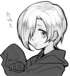  earrings greyscale hair_over_one_eye hand_up hankuri idolmaster idolmaster_cinderella_girls jewelry long_sleeves lowres monochrome shirasaka_koume short_hair simple_background sleeves_past_fingers sleeves_past_wrists solo sweater white_background 