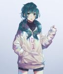  23i2ko black_shirt black_shorts cowboy_shot earphones green_eyes green_hair hand_in_pocket hatsune_miku highres holding_earphone jacket long_hair looking_at_viewer open_mouth shirt short_shorts shorts simple_background single_earphone_removed solo standing twintails vocaloid white_background white_jacket 