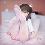  absurdres arms_at_sides bangs bed bed_sheet blurry blurry_background bokeh brown_hair bunny_hair_ornament depth_of_field eyebrows_visible_through_hair eyelashes feet foreshortening hair_ornament hair_rings highres indoors legs legs_up legwear_under_shorts long_hair looking_at_viewer maou_renjishi md5_mismatch no_shoes on_bed original panties panties_under_shorts pantyhose pantyhose_under_shorts pillow pink_eyes pink_shorts pov_feet purple_eyes shirt short_shorts short_sleeves shorts signature sitting sitting_on_bed soles solo swept_bangs toenails toes twintails underwear white_legwear white_panties white_shirt wiggling_toes 