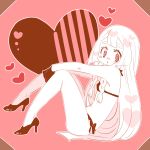  amagaeru_(amapippi052525) bikini blush bow from_side full_body gloves heart high_heels highres lillie_(pokemon) long_hair looking_at_viewer monochrome navel nose_blush outline pink_background pokemon pokemon_(game) pokemon_sm shoes side-tie_bikini sitting solo swimsuit 