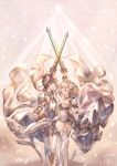  1girl 2018 :d arm_up blonde_hair brown_eyes choker cosplay covered_navel dated detached_sleeves djeeta_(granblue_fantasy) floating_hair flower gran_(granblue_fantasy) granblue_fantasy hair_flower hair_ornament highres holding holding_sword holding_weapon knights_of_glory leotard milli_little open_mouth pants shoulder_armor signature smile spaulders standing strapless strapless_leotard sword the_glory the_glory_(cosplay) thighhighs weapon white_flower white_legwear white_leotard white_pants 