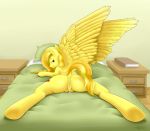  2013 anus bed cutie_mark cynicalmoose equine fan_character feathered_wings feathers female fur hair looking_at_viewer looking_back lying mammal multicolored_hair my_little_pony on_front pegasus presenting pussy pussy_juice solo spread_legs spreading two_tone_hair wings yellow_fur 