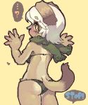 &lt;3 5_fingers ? brown_fur canine clothing dog ear_tuft female fur hair looking_at_viewer mammal rear_view ricosye scarf solo text tuft underwear white_hair yellow_eyes 