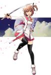  :d black_legwear breasts brown_eyes brown_hair cherry_blossoms etou_kanami full_body hair_ribbon highres holding holding_sword holding_weapon katana looking_at_viewer minoseki_gakuin_uniform one_side_up open_mouth pleated_skirt red_skirt ribbon saitou_sakae school_uniform shoes short_hair skirt small_breasts smile sneakers solo sword thighhighs toji_no_miko unsheathed weapon 