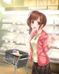  :d black_skirt brown_eyes brown_hair eyebrows_visible_through_hair groceries hair_ornament hair_scrunchie highres hood hooded_jacket idolmaster idolmaster_cinderella_girls igarashi_kyouko index_finger_raised indoors jacket long_hair looking_at_viewer milk_carton naharyou open_clothes open_jacket open_mouth pink_jacket pink_scrunchie pleated_skirt pointy_ears scrunchie shopping shopping_cart side_ponytail skirt smile solo standing sweater 