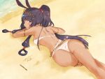  animal_ears armlet ass back bangs bare_shoulders beach belly_chain bikini blunt_bangs blush breasts commentary dark_skin facepaint facial_mark fate/grand_order fate_(series) hair_tubes highres hips jackal_ears jewelry long_hair looking_at_viewer looking_back lying medium_breasts nitocris_(fate/grand_order) nitocris_(swimsuit_assassin)_(fate) on_stomach ponytail purple_eyes purple_hair sahara386 sidelocks smile solo swimsuit thighlet thighs tiara very_long_hair white_bikini 