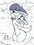  2017 anthro bathing black_hair breasts canine cute eyelashes female forest hair hi_res jurassiczalar mammal monochrome navel nude pond pussy rubber_duck simple_background skinny_dipping solo sponge tongue tongue_out tree water wendy_wolf wet wolf 