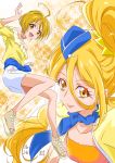  2girls :d ahoge blonde_hair blue_hat blue_neckwear collarbone cure_etoile dated eyebrows_visible_through_hair floating_hair hair_between_eyes hair_ornament hat high_ponytail highres hugtto!_precure jewelry kagayaki_homare long_hair looking_at_viewer mini_hat miniskirt multiple_girls necklace nii_manabu open_mouth precure shirt short_hair signature skirt smile very_long_hair white_skirt yellow_eyes yellow_shirt 