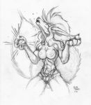  2006 anthro breasts canine claws clothed clothing eyes_closed female hair howl long_hair mammal monochrome nipples open_mouth pants simple_background solo standing sutibaru topless transformation underwear were werewolf white_background 