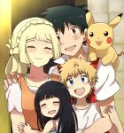  2boys 2girls black_hair blonde_hair kuriyama lillie_(pokemon) multiple_boys multiple_girls parents pikachu pokemon pokemon_(anime) pokemon_sm pokemon_sm_(anime) satoshi_(pokemon) 