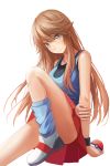  bangs blue_(pokemon) blue_eyes breasts brown_hair closed_mouth convenient_leg highres long_hair medium_breasts no_hat no_headwear poke_ball poke_ball_(generic) pokemon pokemon_(game) pokemon_frlg red_skirt redpoke sidelocks simple_background skirt smile solo swept_bangs white_background 