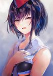  black_hair brown_eyes eyebrows_visible_through_hair gradient gradient_background grey_background grey_neckwear hair_between_eyes hat highres i-13_(kantai_collection) irikawa kantai_collection looking_at_viewer mini_hat neckerchief open_mouth short_hair_with_long_locks sidelocks sketch sleeveless solo upper_body wet 