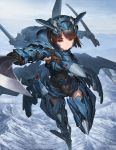  ace_combat ace_combat_assault_horizon aircraft airplane armpits asf-x_shinden_ii breasts brown_eyes brown_hair gloves highres jet long_hair looking_at_viewer mecha_musume medium_breasts personification short_hair solo thighhighs tom-neko_(zamudo_akiyuki) weapon 